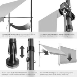 Tectake Awning With Hand Crank - Pressure Fitted , Height Adjustable 350 X 180 Cm - Light Grey - thumbnail 5