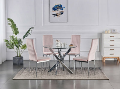 Furnizone UK Rolex 4-Seater 100Cm Round Clear Glass Dining Table And 4 Monza Pink Velvet Chairs - image 1