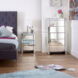The Furniture Market 2X Venetian Mirrored 3 Drawer Bedside Tables Crystal Glass Handles Bevelled Edges Premium Quality No Assembly Required - thumbnail 2
