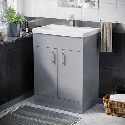 Nes Home 600mm Freestanding Grey Vanity Unit With Basin - image 1