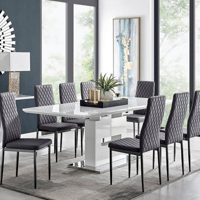 Furniturebox Uk Arezzo Large Extending Dining Table And 8 Grey Milan Black Leg Chairs - image 1