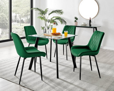Furniturebox Seattle Scandi Inspired Glass And Black Metal Leg Square Dining Table & 4 Green Pesaro Velvet Black Leg Chairs - image 1