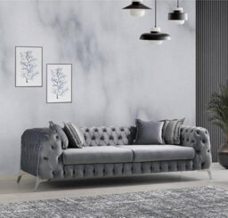 Stratus Interiors Italian Luxury Chesterfield Plush Velvet, Button Tufted Living Room Statement Sofa With Gold Legs - Pebble - L Shape Corner