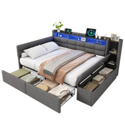 Btm 4Ft6 Double Upholstered Bed, Led Headboard, Usb And Type C Charging, Storage Drawers And Shelves, Linen, 135X190Cm - thumbnail 4