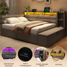 Btm 4Ft6 Double Upholstered Bed, Led Headboard, Usb And Type C Charging, Storage Drawers And Shelves, Linen, 135X190Cm - thumbnail 7