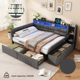 Btm 4Ft6 Double Upholstered Bed, Led Headboard, Usb And Type C Charging, Storage Drawers And Shelves, Linen, 135X190Cm - thumbnail 6