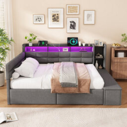 Btm 4Ft6 Double Upholstered Bed, Led Headboard, Usb And Type C Charging, Storage Drawers And Shelves, Linen, 135X190Cm - thumbnail 3