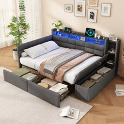Btm 4Ft6 Double Upholstered Bed, Led Headboard, Usb And Type C Charging, Storage Drawers And Shelves, Linen, 135X190Cm