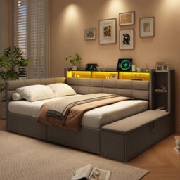 Btm 4Ft6 Double Upholstered Bed, Led Headboard, Usb And Type C Charging, Storage Drawers And Shelves, Linen, 135X190Cm - thumbnail 2