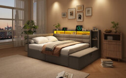 Btm 4Ft6 Double Upholstered Bed, Led Headboard, Usb And Type C Charging, Storage Drawers And Shelves, Linen, 135X190Cm - thumbnail 8