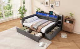 Btm 4Ft6 Double Upholstered Bed, Led Headboard, Usb And Type C Charging, Storage Drawers And Shelves, Linen, 135X190Cm - thumbnail 9
