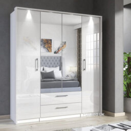 Furneo White Mirrored Wardrobe High Gloss Matt Modern 4-Door 2-Drawer Bedroom Storage With Led Lights Infinity - thumbnail 1