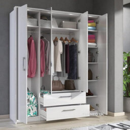 Furneo White Mirrored Wardrobe High Gloss Matt Modern 4-Door 2-Drawer Bedroom Storage With Led Lights Infinity - thumbnail 2