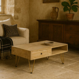 Wyld Haus Bali Mango Wood Coffee Table Light Natural With Gold Inlay, 1 Drawer & Open Shelf - thumbnail 2