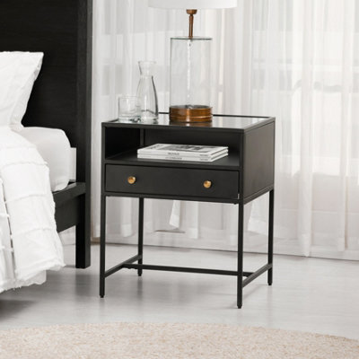 MH London Hale Metal Nightstand With Glasstop Bedside Side Table Nightstand With Drawer In Black - image 1
