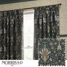 Morris & Co Snakeshead Jacquard Chenille Room Darkening Pencil Pleat Curtain Pair Indigo/leaf (W)168Cm X (D)183Cm