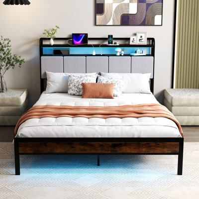 Costway King Size Metal Bed Frame W/ Led Light & Charging Station-Brown - image 1