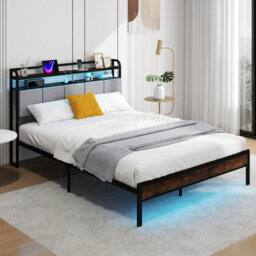 Costway King Size Metal Bed Frame W/ Led Light & Charging Station-Brown - thumbnail 3