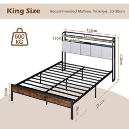 Costway King Size Metal Bed Frame W/ Led Light & Charging Station-Brown - thumbnail 2