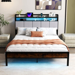 Costway King Size Metal Bed Frame W/ Led Light & Charging Station-Brown - thumbnail 1