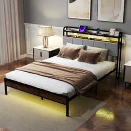Costway King Size Metal Bed Frame W/ Led Light & Charging Station-Brown - thumbnail 4