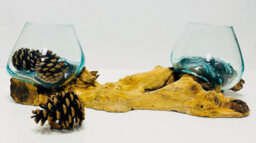My Square Mile Double Molten Glass Bowls On Wood Root Stand Glass Rustic Decorative Ornament Sculpture Display Dish (Extra Large 41Cms Long) - thumbnail 3