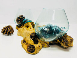 My Square Mile Double Molten Glass Bowls On Wood Root Stand Glass Rustic Decorative Ornament Sculpture Display Dish (Extra Large 41Cms Long) - thumbnail 2