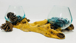 My Square Mile Double Molten Glass Bowls On Wood Root Stand Glass Rustic Decorative Ornament Sculpture Display Dish (Extra Large 41Cms Long) - thumbnail 1