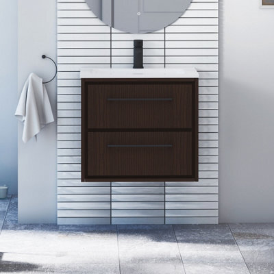 Royal Bathrooms Livora 600mm Walnut Woodgrain Wall Hung Bathroom Vanity Unit 2 Drawer With Stone Basin & Matt Black Handle