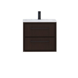 Royal Bathrooms Livora 600mm Walnut Woodgrain Wall Hung Bathroom Vanity Unit 2 Drawer With Stone Basin & Matt Black Handle - thumbnail 5