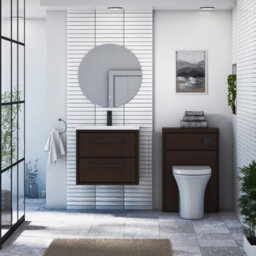 Royal Bathrooms Livora 600mm Walnut Woodgrain Wall Hung Bathroom Vanity Unit 2 Drawer With Stone Basin & Matt Black Handle - thumbnail 3