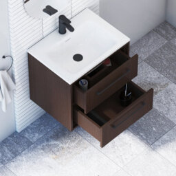 Royal Bathrooms Livora 600mm Walnut Woodgrain Wall Hung Bathroom Vanity Unit 2 Drawer With Stone Basin & Matt Black Handle - thumbnail 4