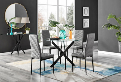 Furniturebox Novara Clear Tempered Glass 100Cm Round Dining Table With Black Starburst Legs & 4 Grey Milan Faux Leather Chairs - image 1