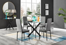 Furniturebox Novara Clear Tempered Glass 100Cm Round Dining Table With Black Starburst Legs & 4 Grey Milan Faux Leather Chairs - thumbnail 1