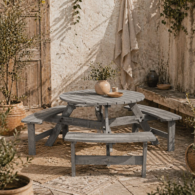 Wyld Haus Taviba 6-Seater Grey Round Picnic Table And Garden Bench Set, Fir Wood, 90Cm Table - image 1