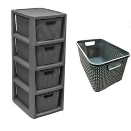 STAR SUPPLIES 4 Drawer Large Spacious Rattan Effect Grey Home Office Modular Storage Tower Unit - thumbnail 2