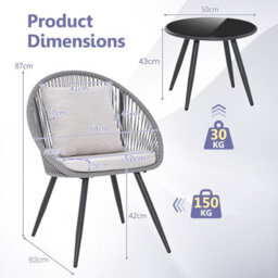 Costway 3 Piece Patio Furniture Set Woven Rope Balcony Chair W/ Seat & Back Cushions - thumbnail 2