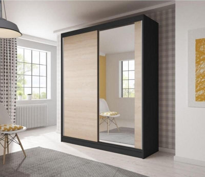 Arte Bella 03 Sliding Door Wardrobe 1830mm Black Carcass, Oak Sonoma Fronts With Mirrored Door - Contemporary Storage For Stylish Homes - image 1