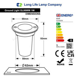 Long Life Lamps Company 1W Led Recessed Outdoor Ground Light Round Warm White Brushed Chrome Walkover Uplighter Gl06Ww - thumbnail 2