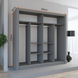 Fhif Dallas 203Cm Grey Sliding Door Wardrobe Modern Bedroom Storage With Full Length Mirror Shelves And Hanging Rails - thumbnail 2