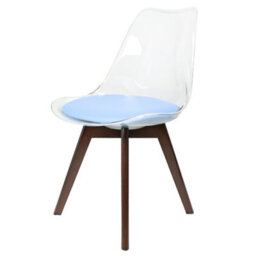 Fusion Living Soho Clear And Blue Plastic Dining Chair With Squared Dark Wood Legs