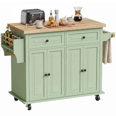 Rolling Kitchen Island Cart With Rubber Wood Top, Spices, Light Green - image 1