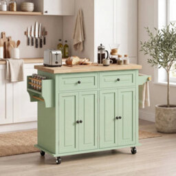 Rolling Kitchen Island Cart With Rubber Wood Top, Spices, Light Green - thumbnail 5