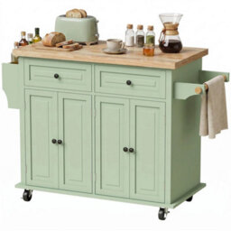 Rolling Kitchen Island Cart With Rubber Wood Top, Spices, Light Green - thumbnail 4