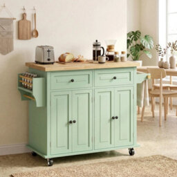 Rolling Kitchen Island Cart With Rubber Wood Top, Spices, Light Green - thumbnail 6