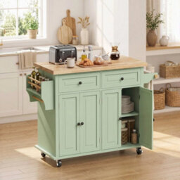 Rolling Kitchen Island Cart With Rubber Wood Top, Spices, Light Green - thumbnail 3