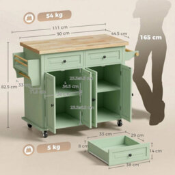 Rolling Kitchen Island Cart With Rubber Wood Top, Spices, Light Green - thumbnail 2
