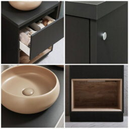 Homestylestore Black Grey 600mm Led Lit Bathroom Vanity Unit Round Sand Countertop Basin Open Shelf - thumbnail 2