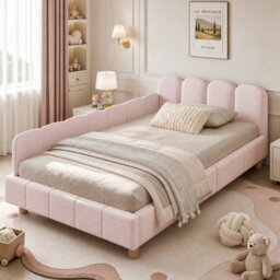 Single Upholstered Bed With Headboard, Safety Rail And Solid Wood Legs - thumbnail 4