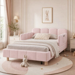 Single Upholstered Bed With Headboard, Safety Rail And Solid Wood Legs - thumbnail 5
